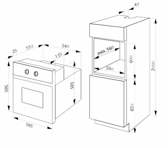 Rysunek techniczny piekarnika i szafki. Wymiary podane są w milimetrach.