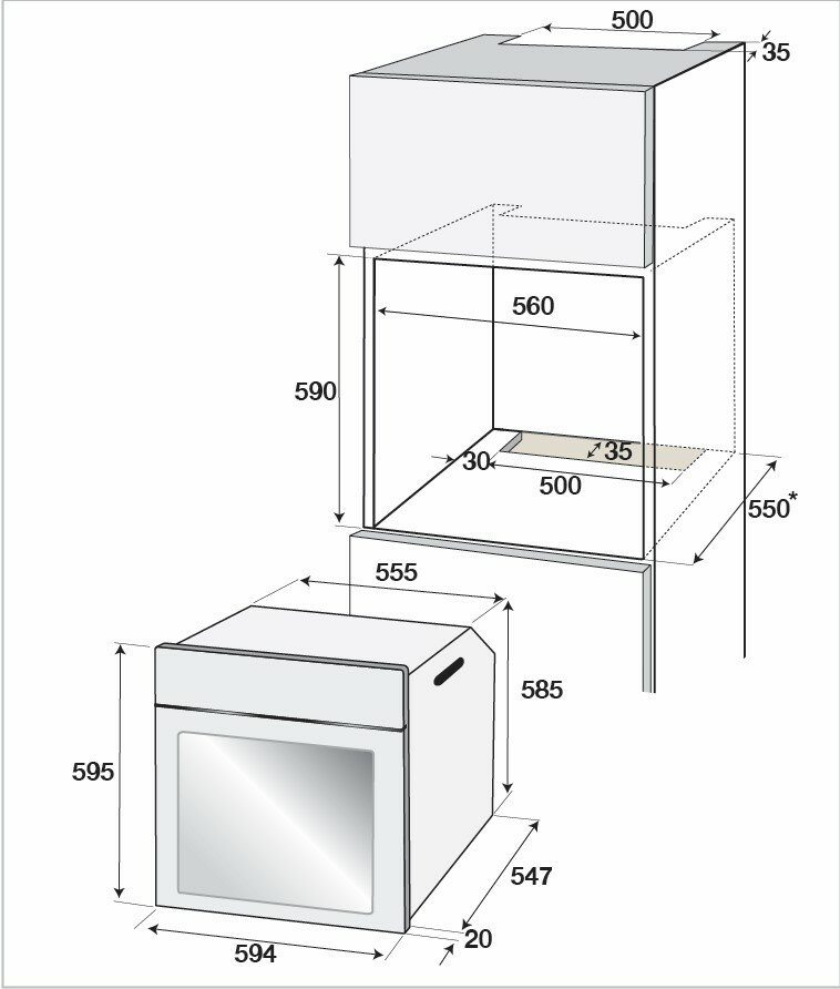 Schemat piekarnika do zabudowy. Pokazuje wymiary i wewnętrzną strukturę piekarnika i otaczających szafek.