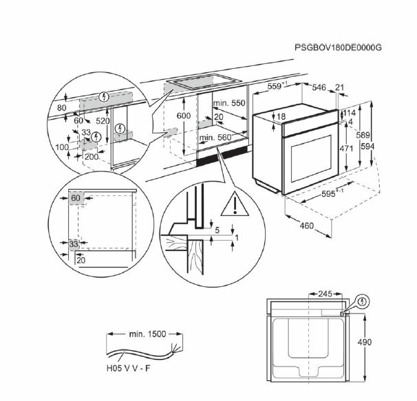 Schemat instalacji piekarnika z pomiarami i wymiarami.