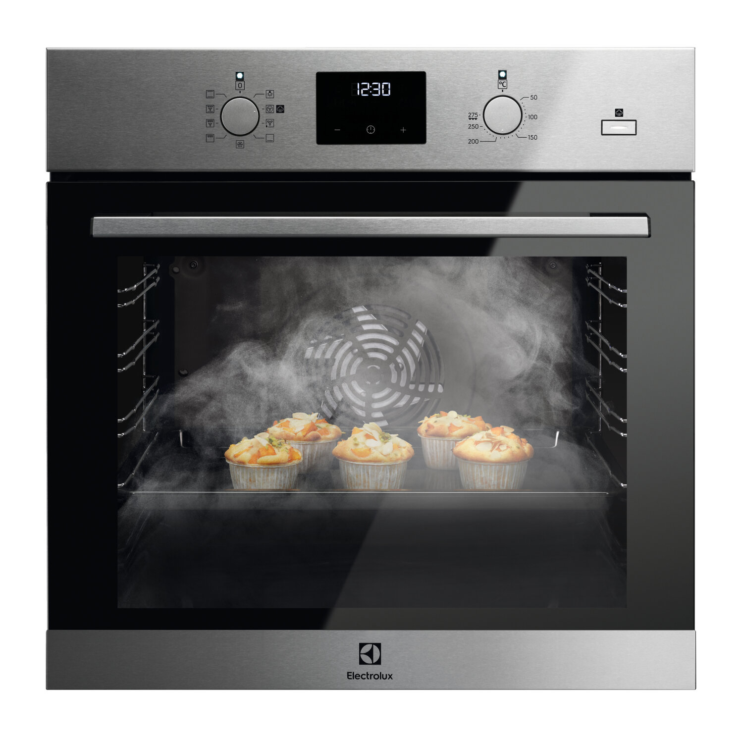 Piekarnik z babeczkami w środku. Drzwi otwarte, widoczna para. Wyświetlacz cyfrowy pokazuje czas. Pokrętła i przyciski z przodu.