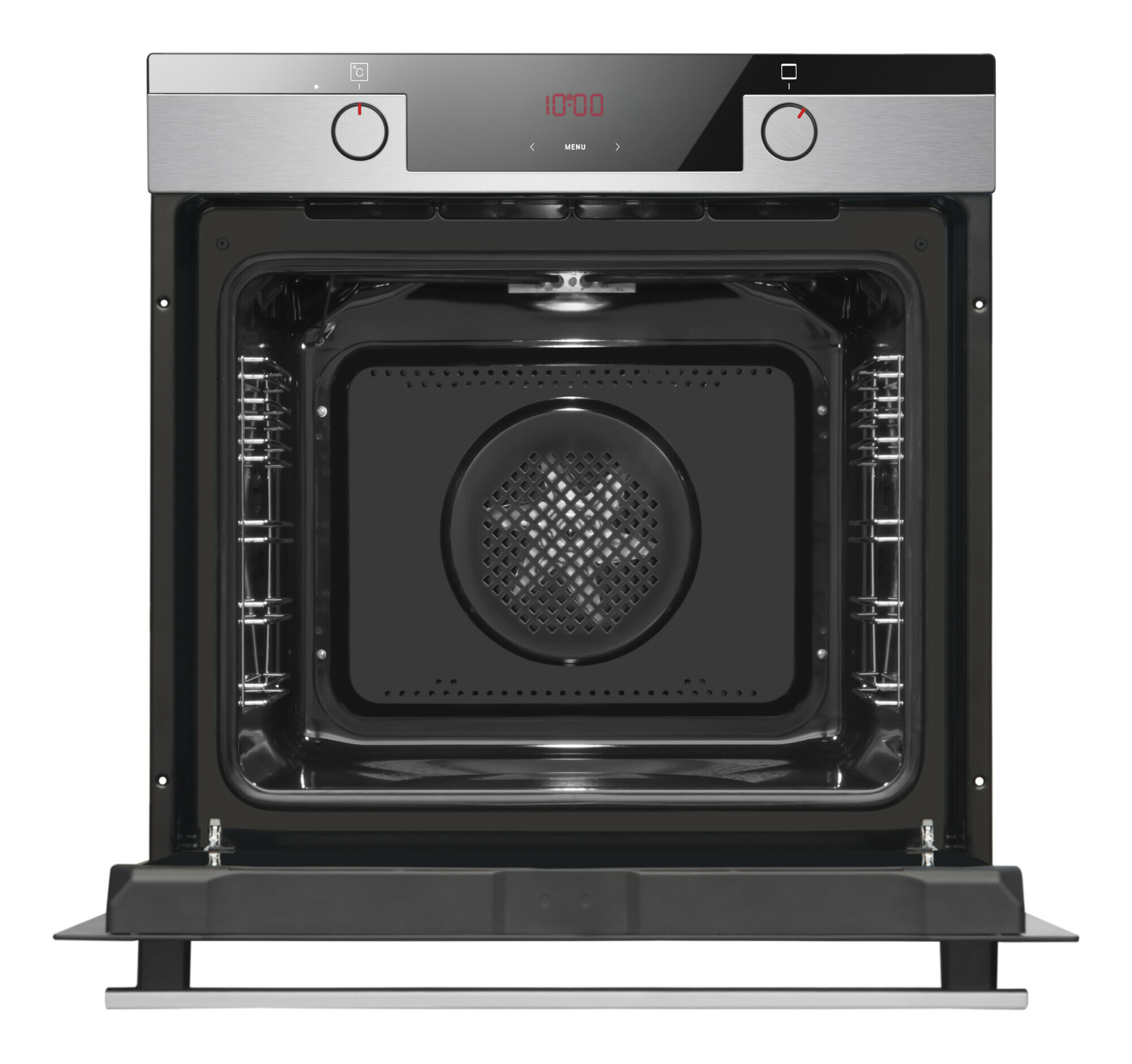 Otwarty piekarnik z panelem wyświetlacza. Widoczne wnętrze z wentylatorem. Wykończenie ze stali nierdzewnej.