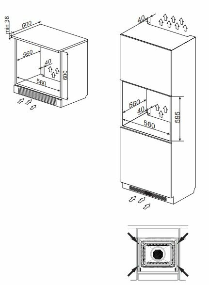 Rysunek techniczny piekarnika do zabudowy z wymiarami i instrukcją instalacji.
