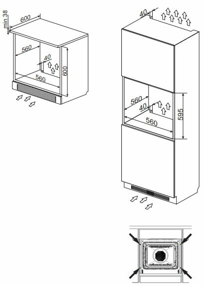 Rysunek techniczny piekarnika do zabudowy, pokazujący wymiary i kierunki przepływu powietrza.