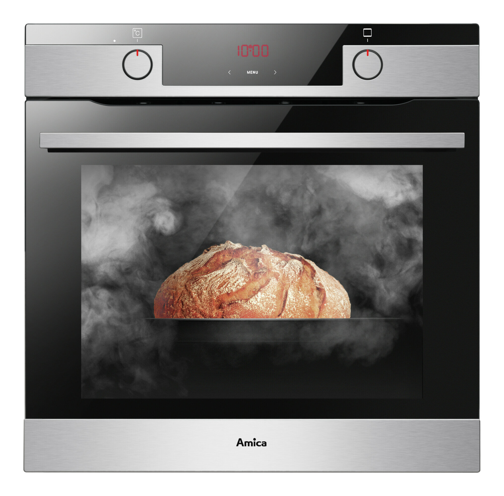 Piekarnik wyświetlający chleb z parą. Srebrny i czarny design, logo Amica.