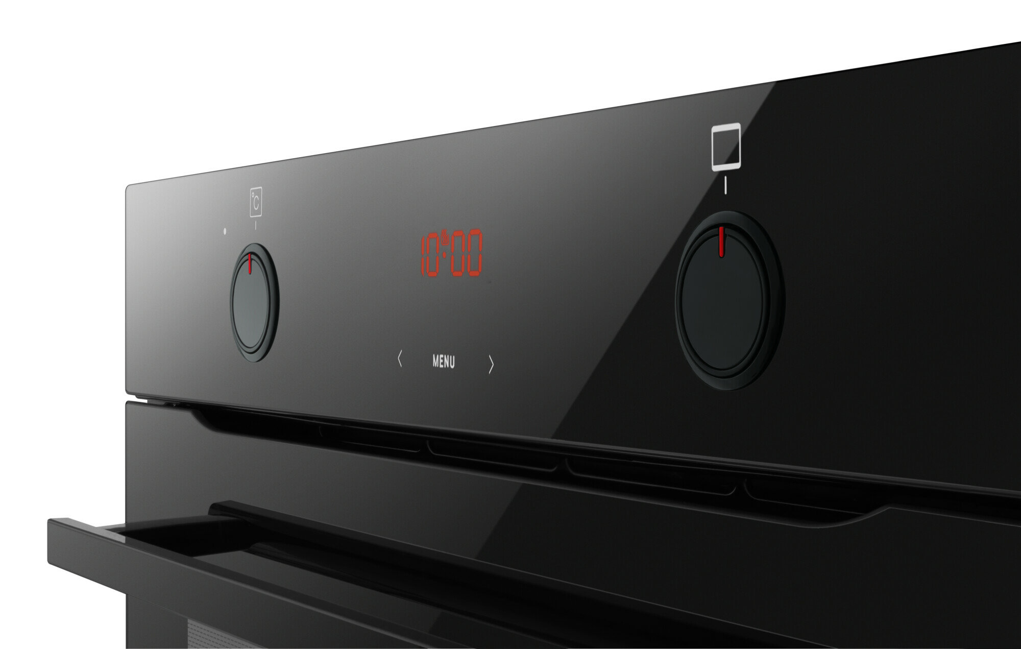 Czarny panel piekarnika z pokrętłami i wyświetlaczem cyfrowym.