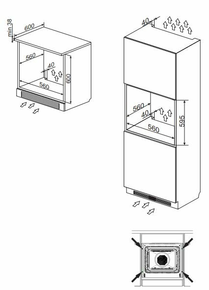 Rysunek techniczny piekarnika do zabudowy, z wymiarami i strzałkami wskazującymi instalację.