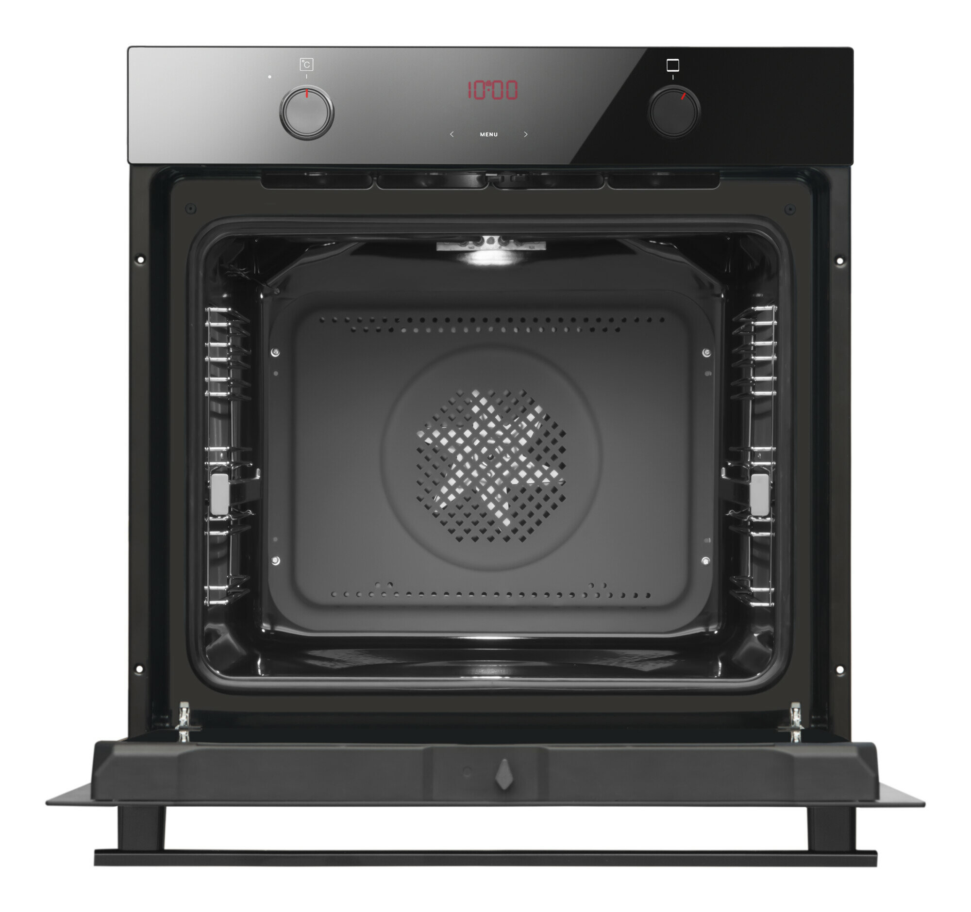 Widok wnętrza piekarnika z otwartymi drzwiami, pokazujący ruszty i wnętrze.