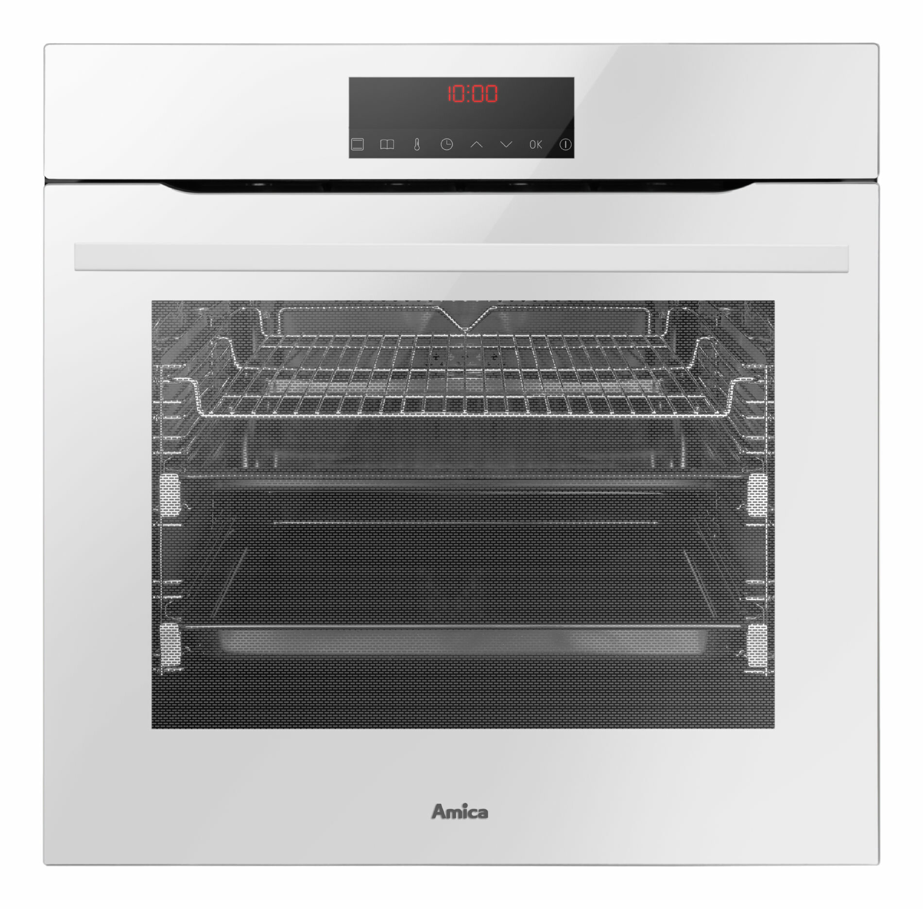 Biały piekarnik z cyfrowym wyświetlaczem pokazującym 10:00.
