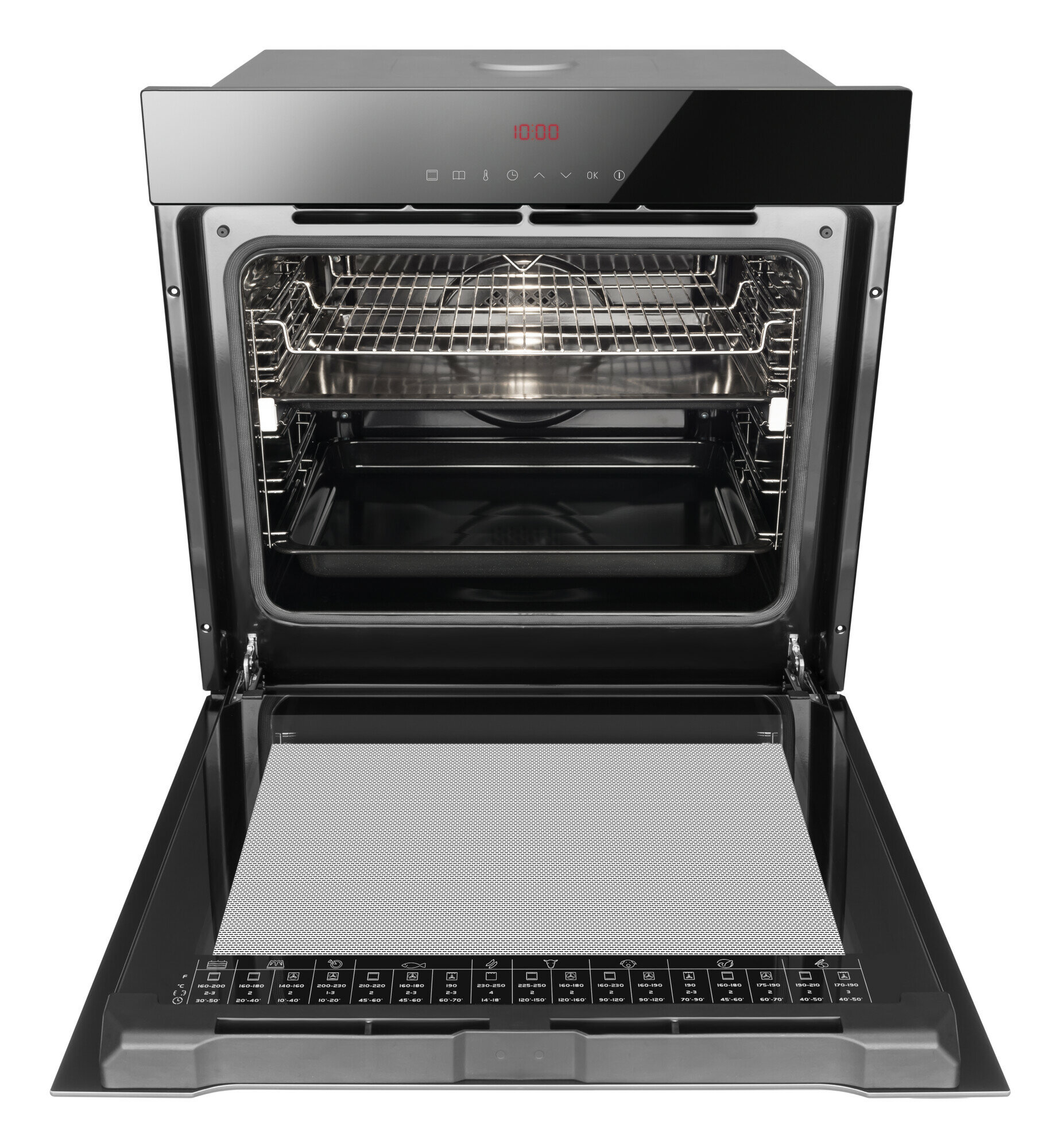 Piekarnik z otwartymi drzwiami i wnętrzem, czarny wygląd zewnętrzny i ruszty ze stali nierdzewnej.