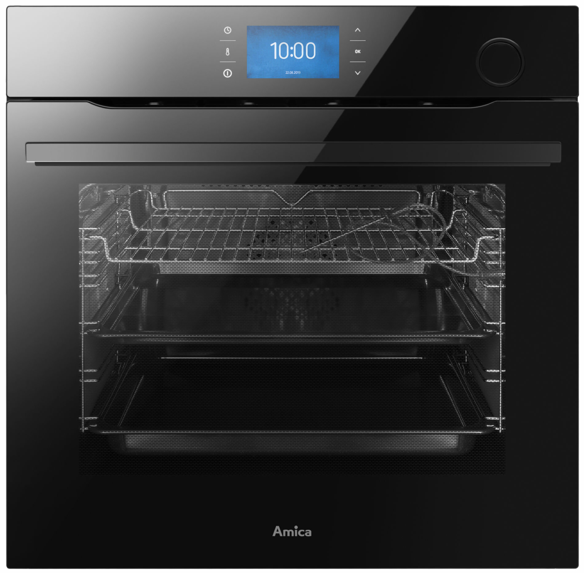 Czarny piekarnik. Posiada wyświetlacz cyfrowy i pokrętła sterowania.