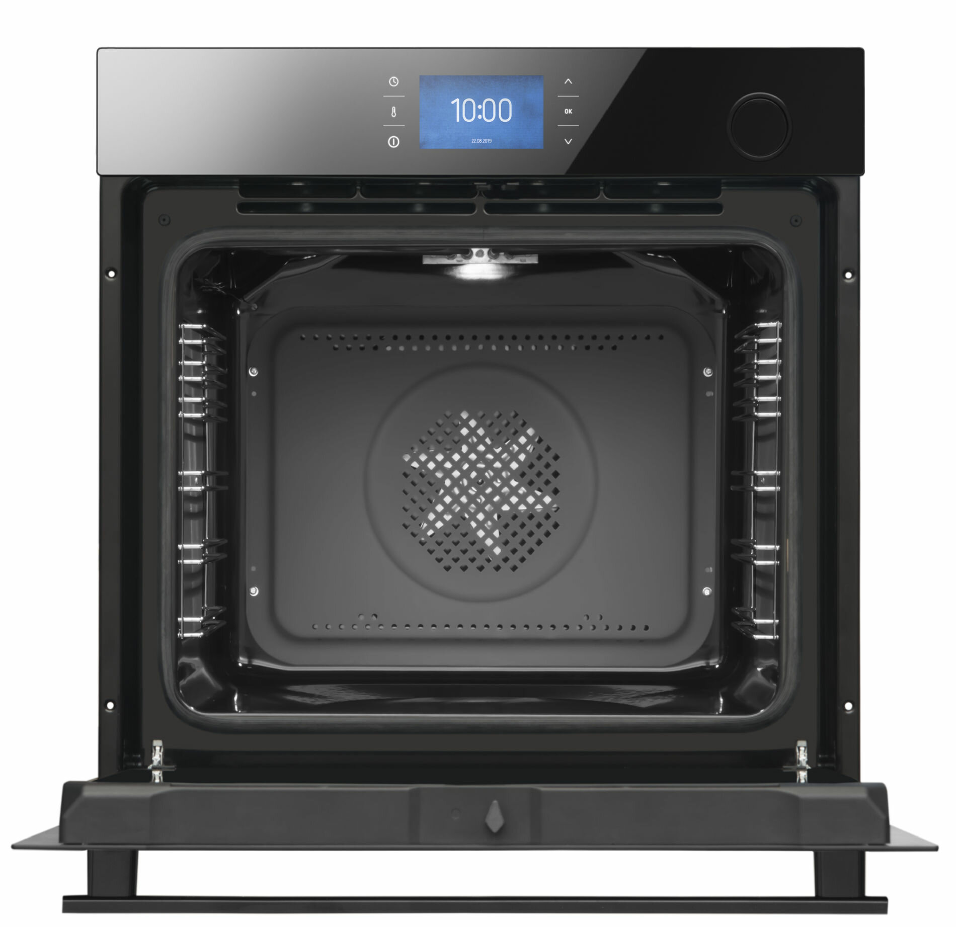 Otwarty czarny piekarnik, z widocznym wnętrzem i wyświetlaczem cyfrowym.