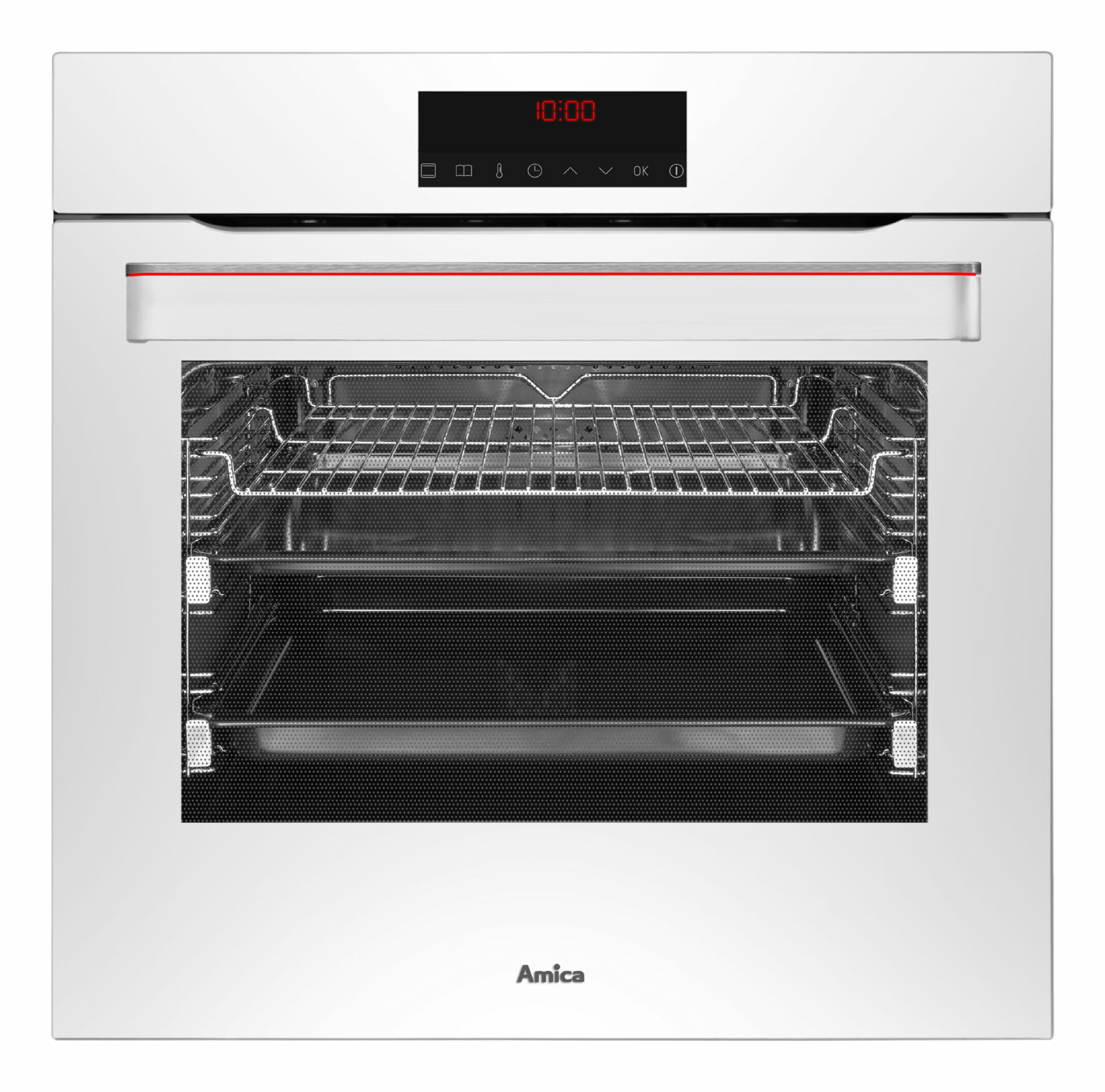 Biały piekarnik z cyfrowym wyświetlaczem pokazującym godzinę. Wnętrze ma ruszty i czarne dno.