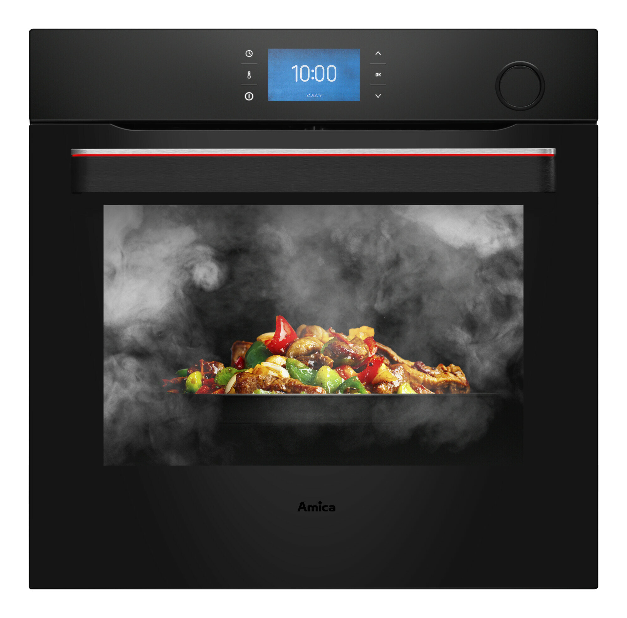 Czarny piekarnik z jedzeniem w środku, otoczony parą. Ma cyfrowy wyświetlacz.