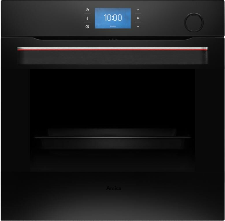 Czarny piekarnik Amica z wyświetlaczem cyfrowym. Wewnątrz taca.