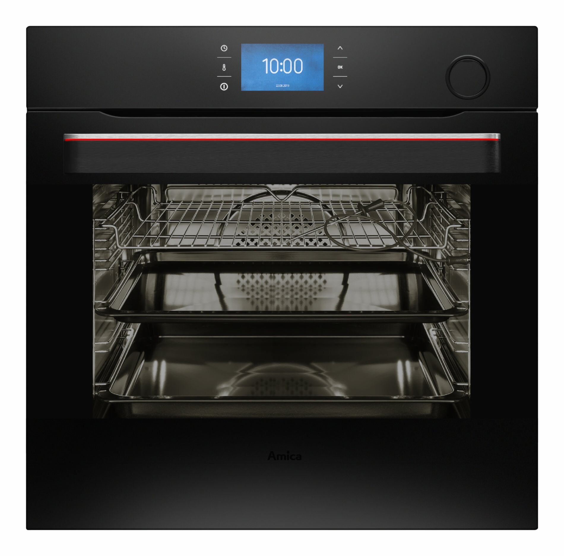 Czarny piekarnik z cyfrowym wyświetlaczem na górze i czerwonym akcentem. Wnętrze piekarnika widoczne z rusztami.