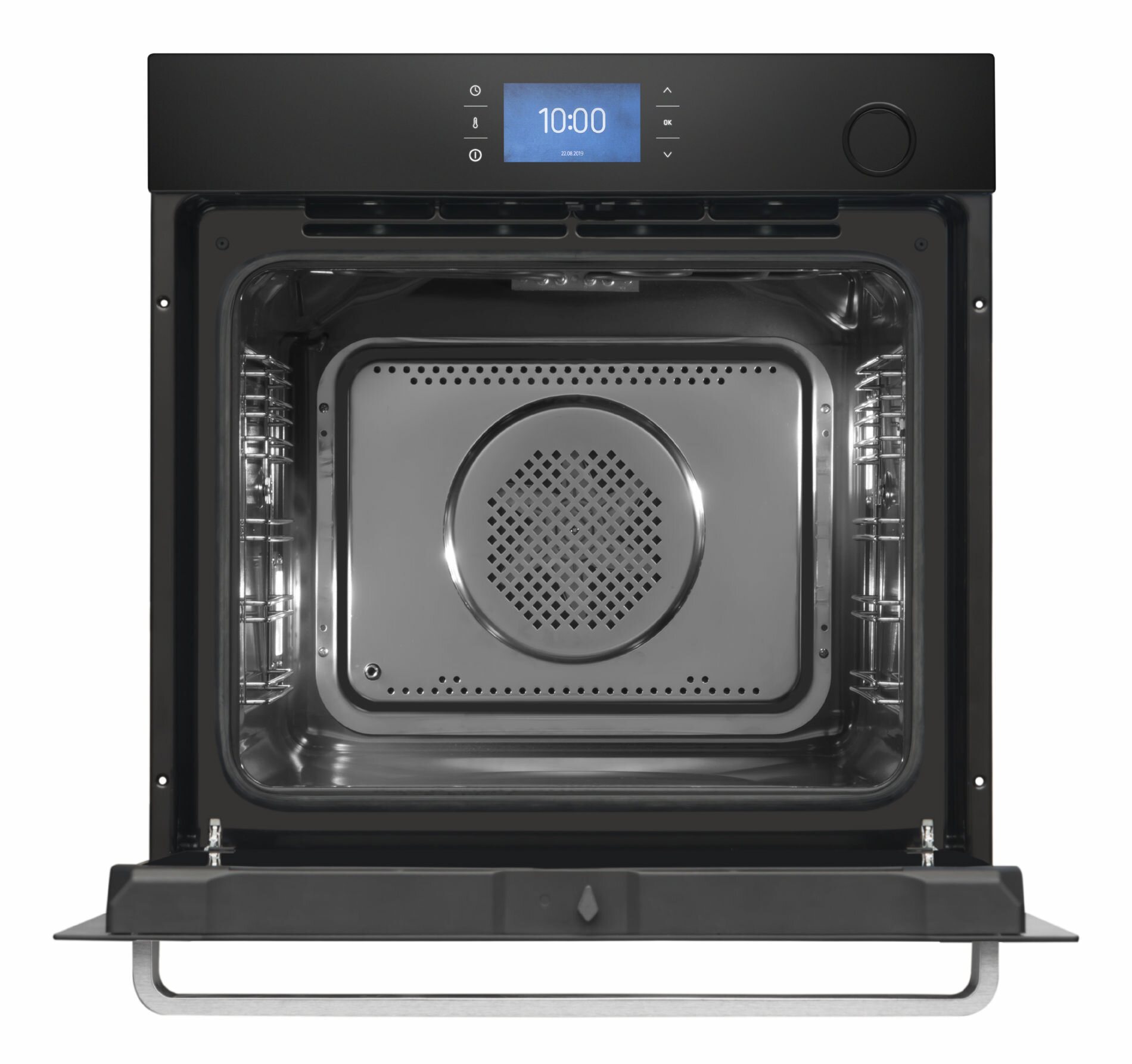 Otwarty czarny wnętrze piekarnika z cyfrowym wyświetlaczem u góry pokazującym 10:00.
