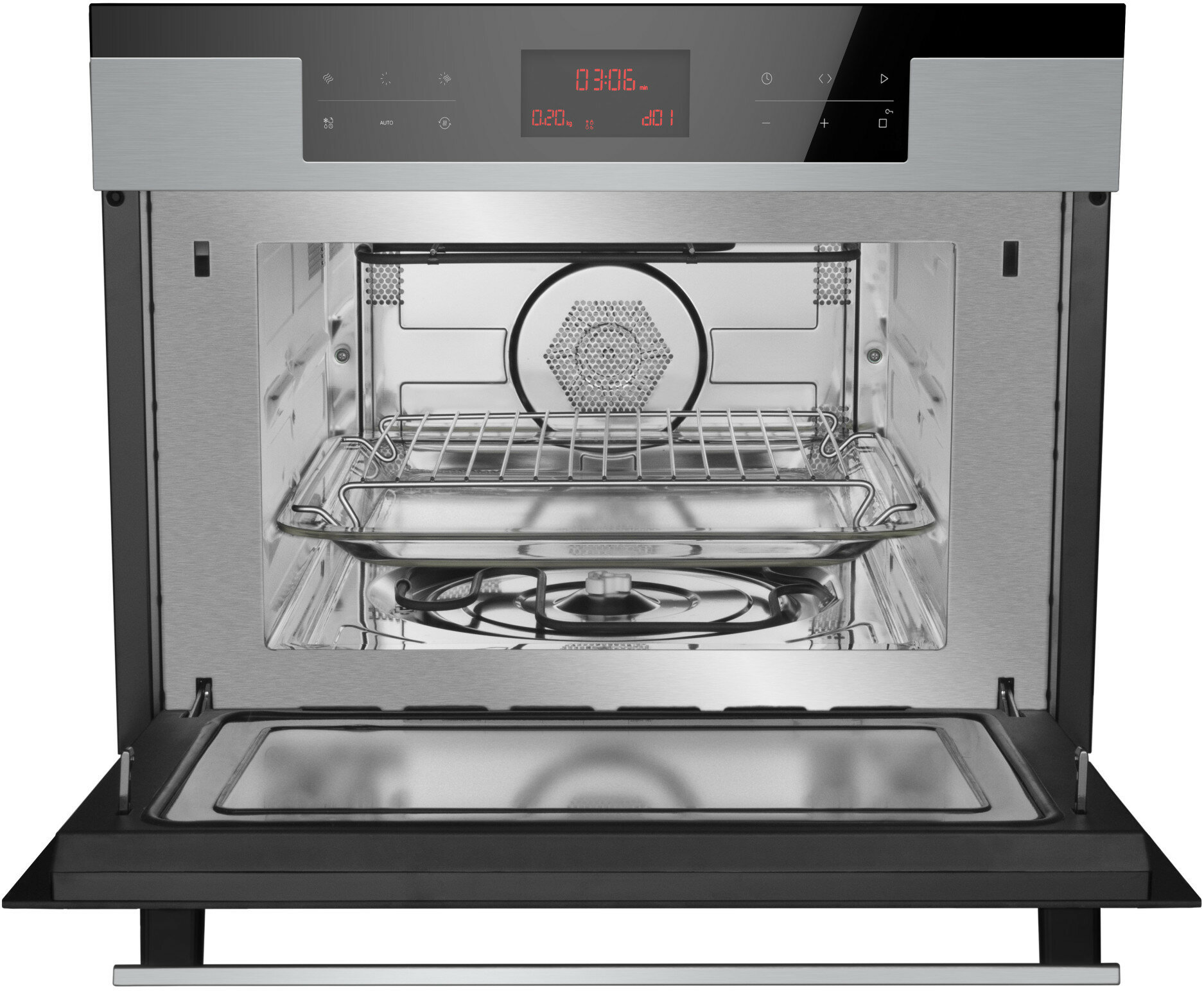 Wnętrze otwartego piekarnika z rusztem, tacką i wyświetlaczem cyfrowym pokazującym czas i ustawienia.
