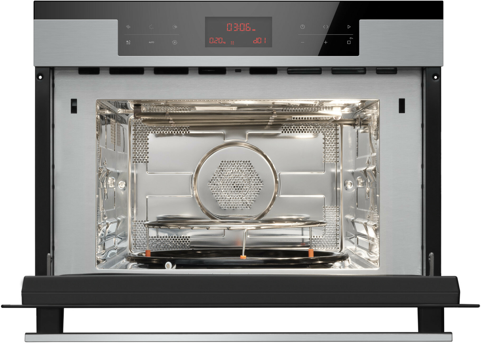 Wnętrze kuchenki mikrofalowej z wentylatorem i rusztami. Otwarte, z wyświetlaczem cyfrowym. Stal nierdzewna.