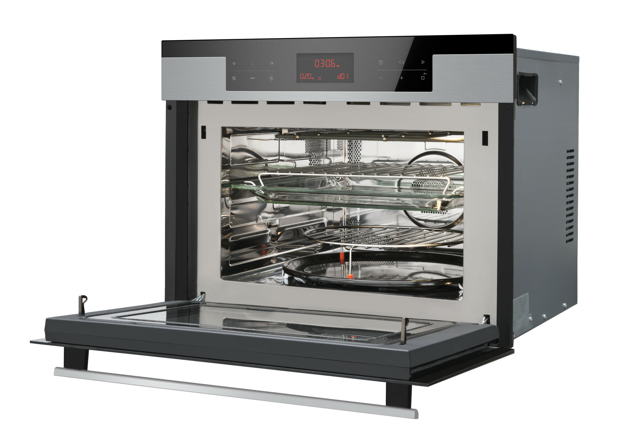 Otwarty piekarnik z szklanymi drzwiami, pokazujący elementy grzejne, ruszty i elementy sterowania.