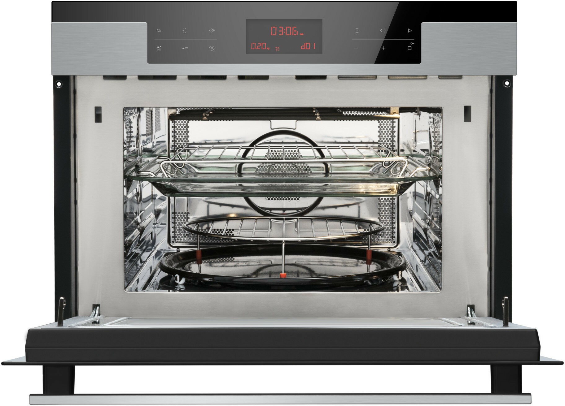 Kuchenka mikrofalowa z otwartymi drzwiami, pokazująca wnętrze z tacami i rusztami.