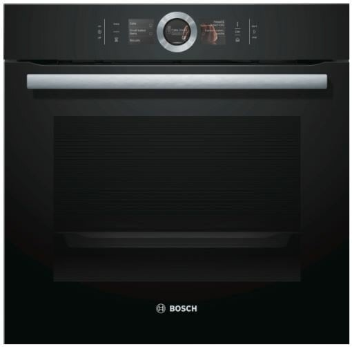 Czarny piekarnik do zabudowy z cyfrowym wyświetlaczem i srebrnym uchwytem. Logo Bosch na dole.