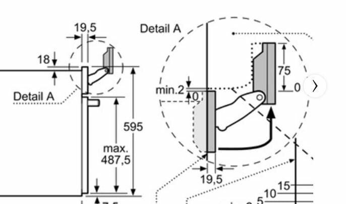 Rysunek techniczny zawiasu szafkowego. Wymiary podano w milimetrach, ze szczegółem A wyróżnionym.
