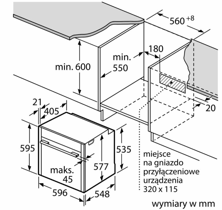 Schemat instalacji piekarnika, pokazujący wymiary i szczegóły umieszczenia.