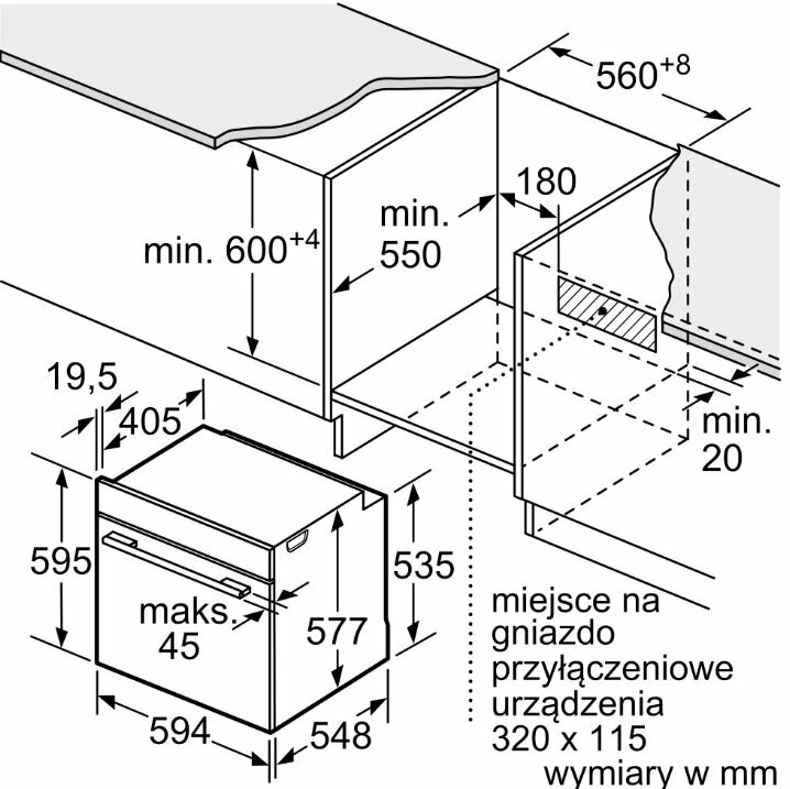 Schemat instalacji piekarnika z wymiarami. Pokazano prostokątną przestrzeń.