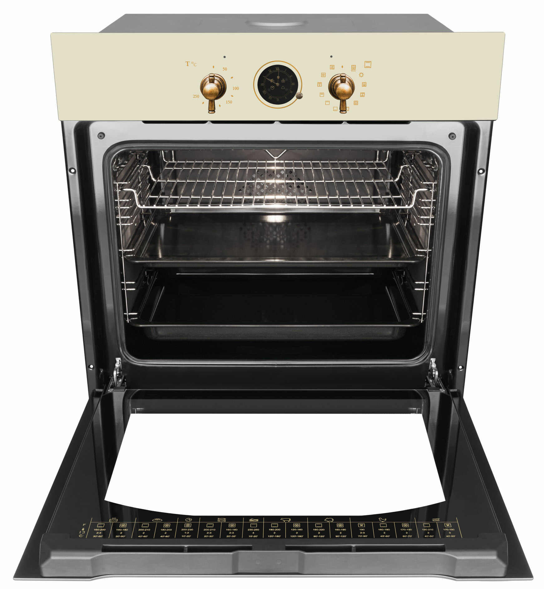 Piekarnik z otwartymi drzwiami, pokazujący tace i elementy sterujące.