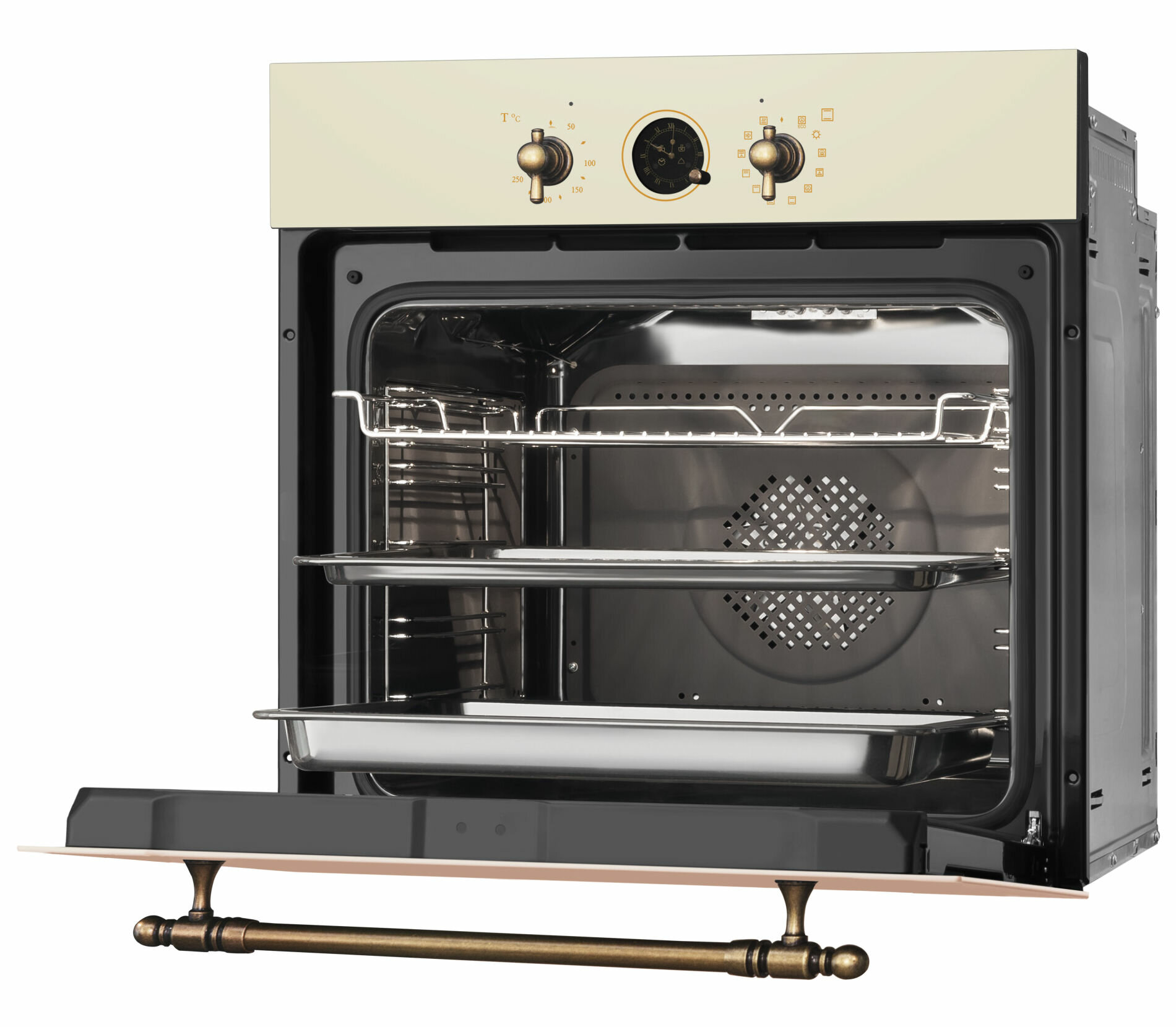 Kremowy piekarnik z otwartymi drzwiami. W środku znajdują się ruszty i taca.