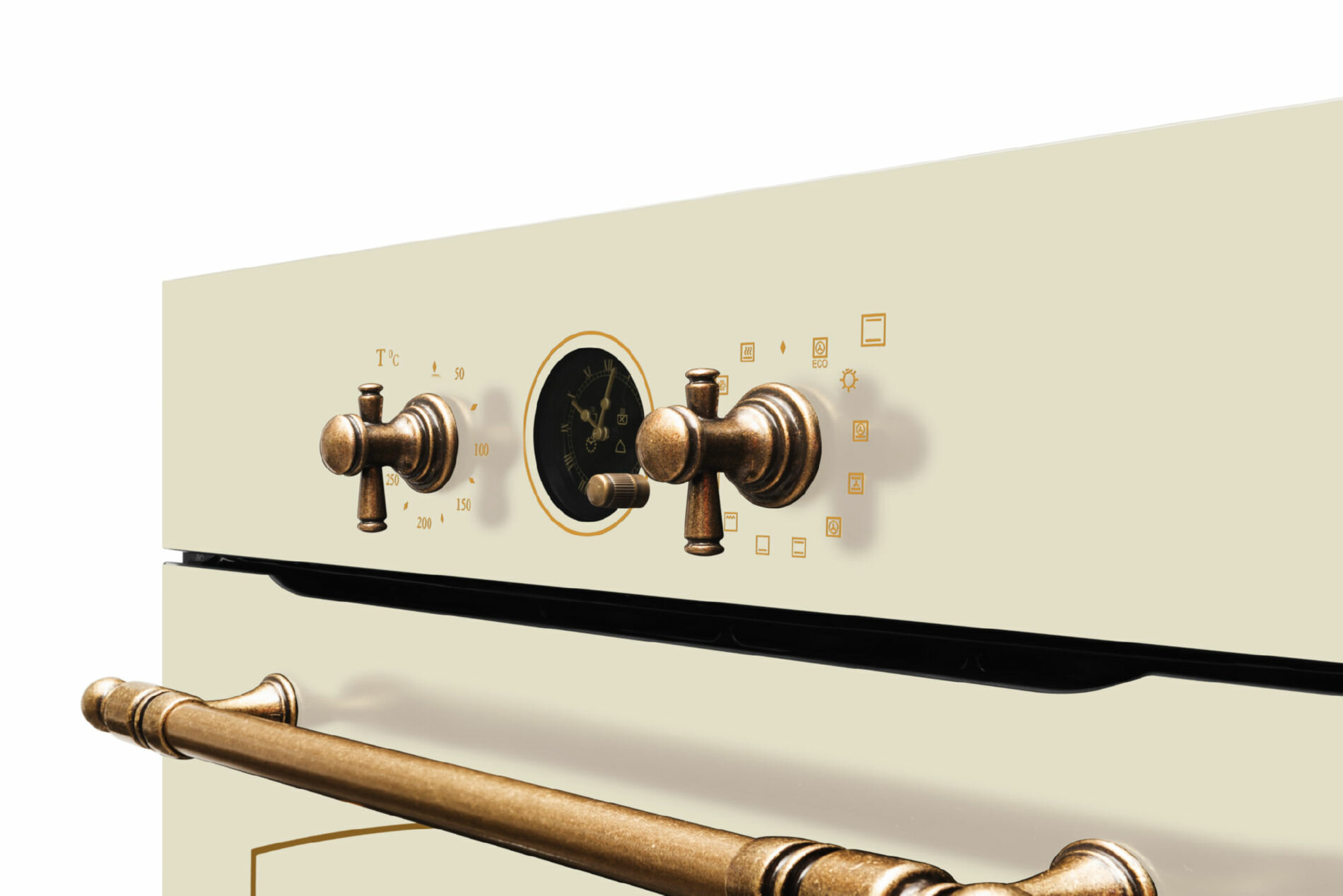 Zbliżenie panelu sterowania piekarnika z pokrętłami i wskaźnikiem temperatury.