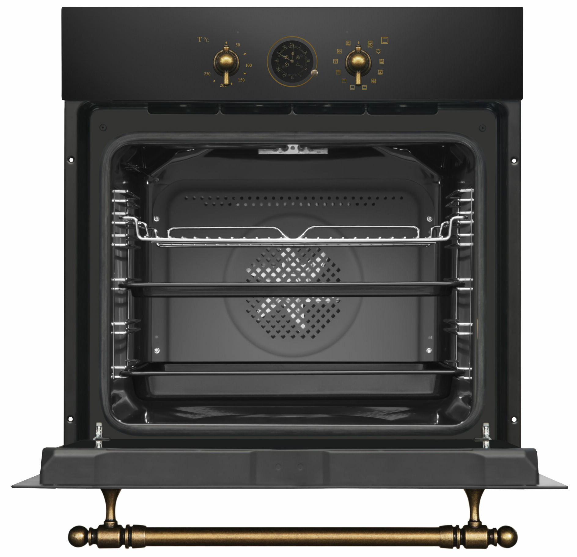 Otwarty czarny piekarnik do zabudowy ze złotymi pokrętłami i rusztem w środku.