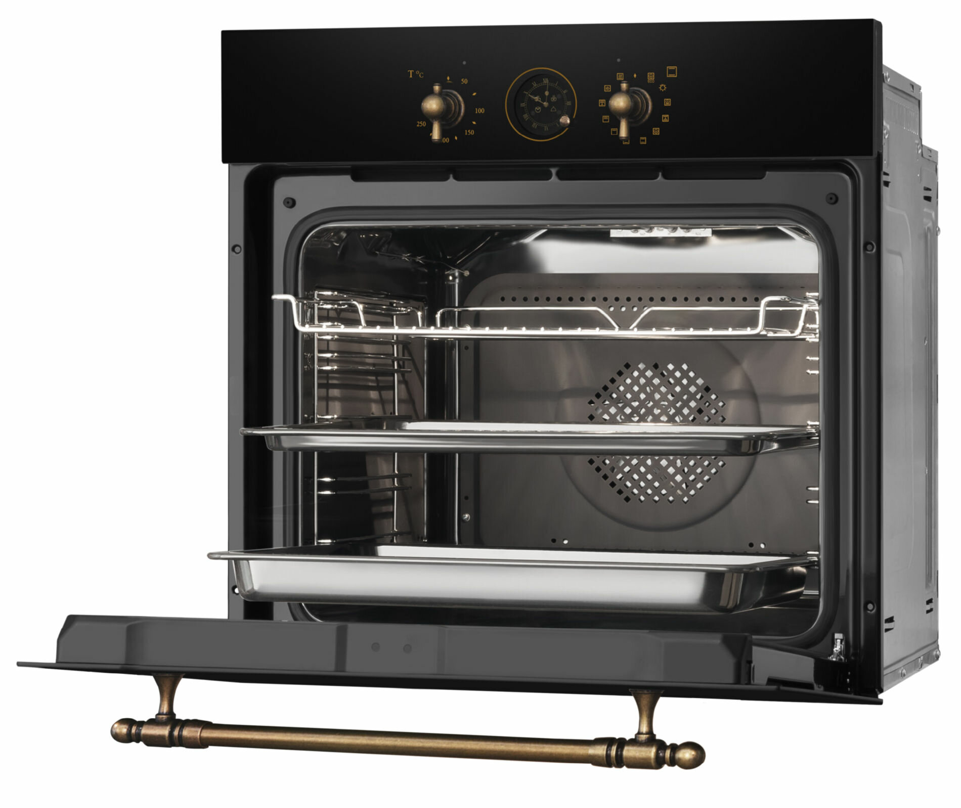 Nowoczesny piekarnik wbudowany z otwartymi drzwiami, trzema rusztami i dwoma blachami.