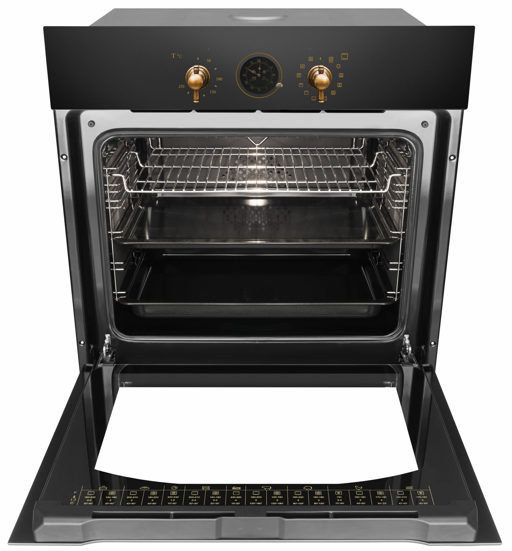 Nowoczesny czarny piekarnik do zabudowy z otwartymi drzwiami, wewnątrz widoczne ruszty i blachy.