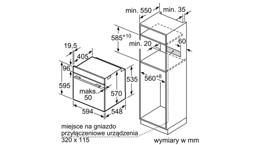 Rysunek techniczny piekarnika do zabudowy i konstrukcji szafki z wymiarami.