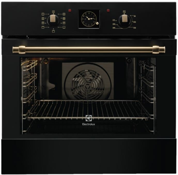 Czarny piekarnik ze złotym uchwytem i elementami sterującymi. Tło jest białe.