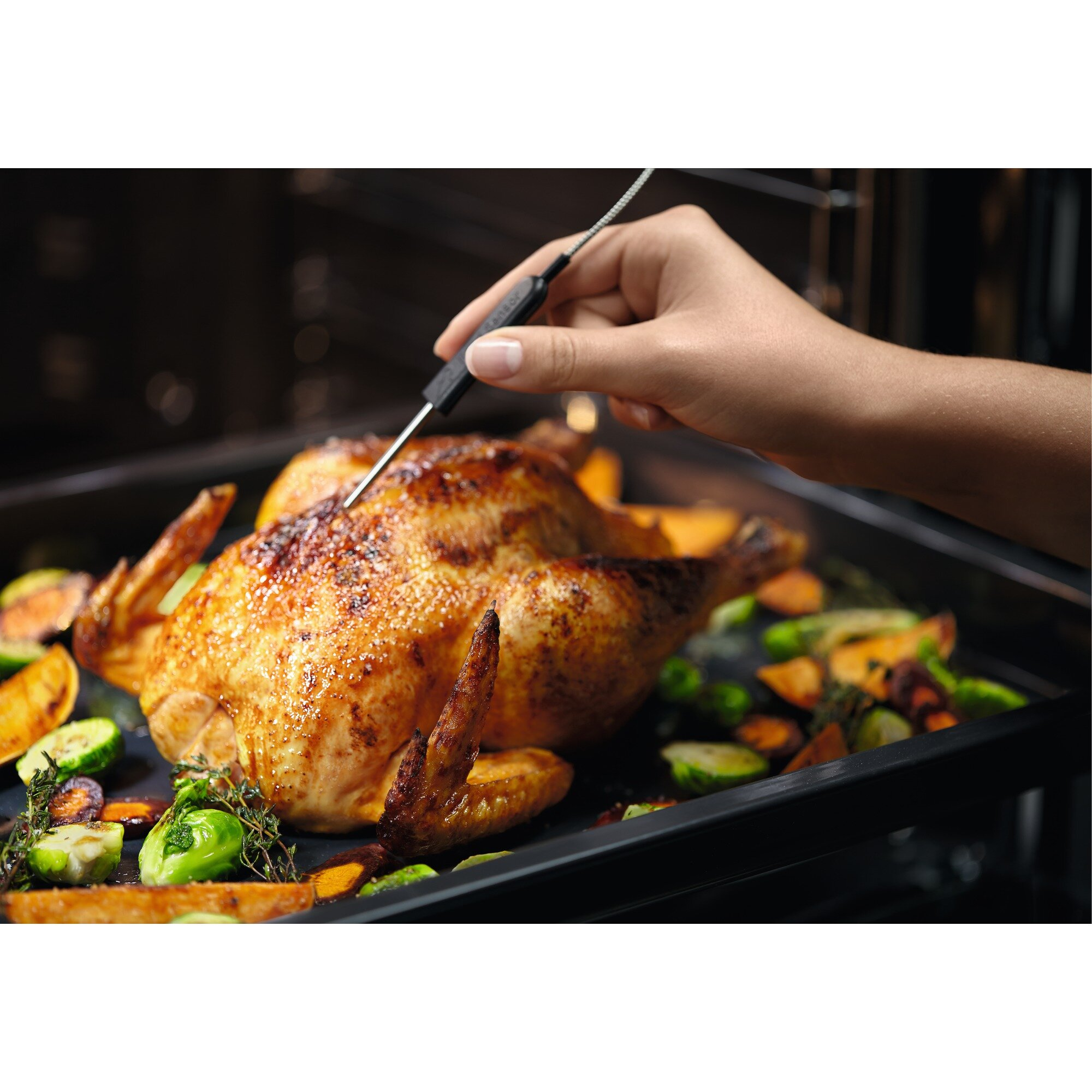 Ręka wkłada termometr do pieczonego kurczaka na blasze z warzywami.
