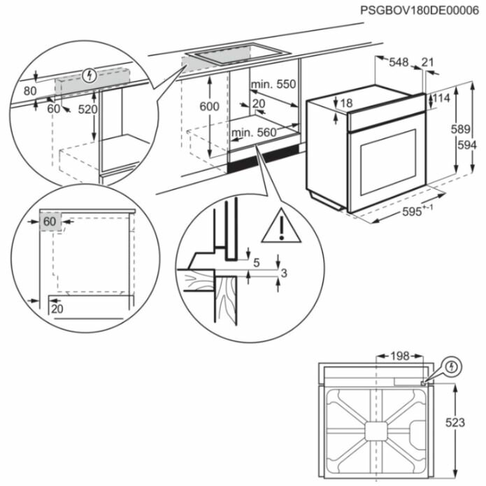 Rysunek techniczny piekarnika z wymiarami. Diagramy pokazują szczegóły instalacji.