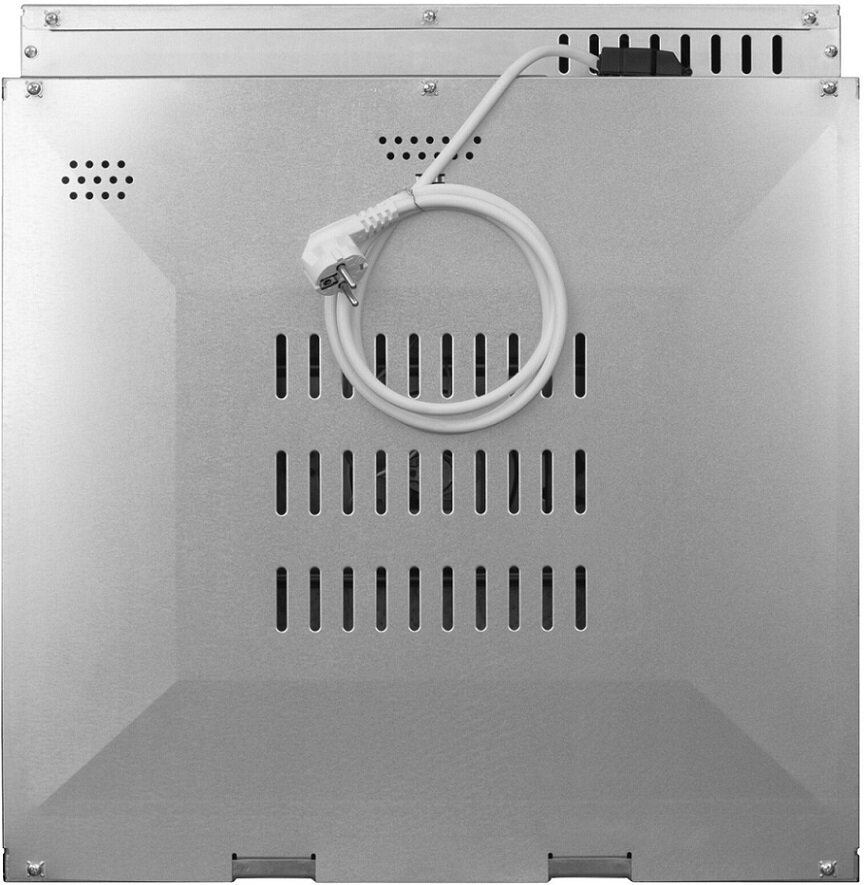 Tył piekarnika. Srebrna powierzchnia z otworami wentylacyjnymi i przewodem zasilającym.