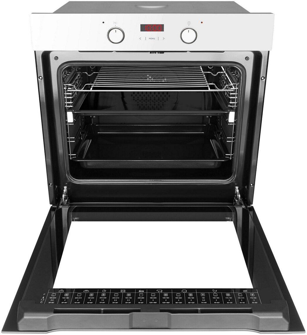 Otwarty piekarnik z dwoma rusztami i panelem sterowania. Piekarnik ma czarne drzwi.