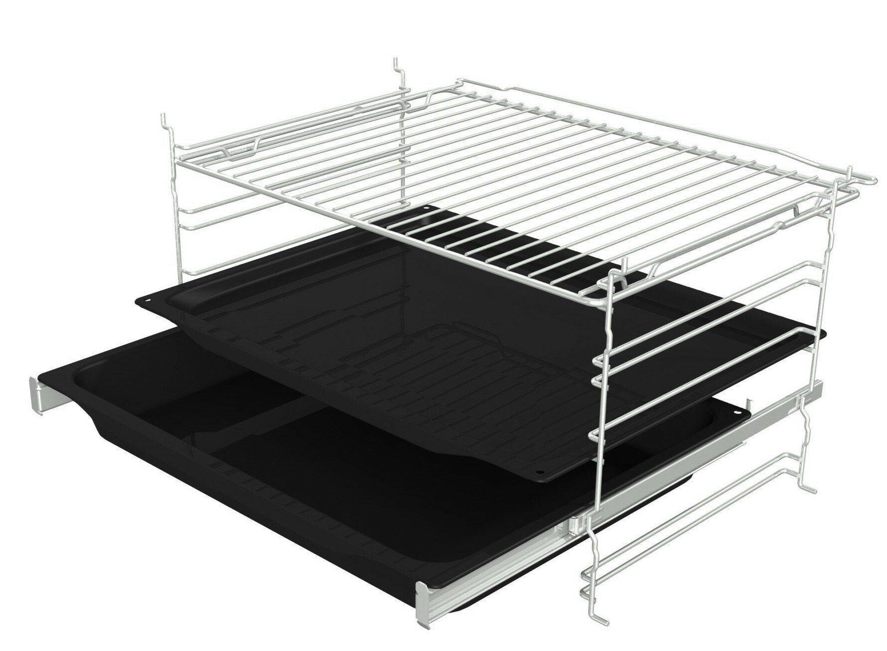 Ruszty piekarnika z dwoma tacami, jedną czarną i drucianym rusztem powyżej.