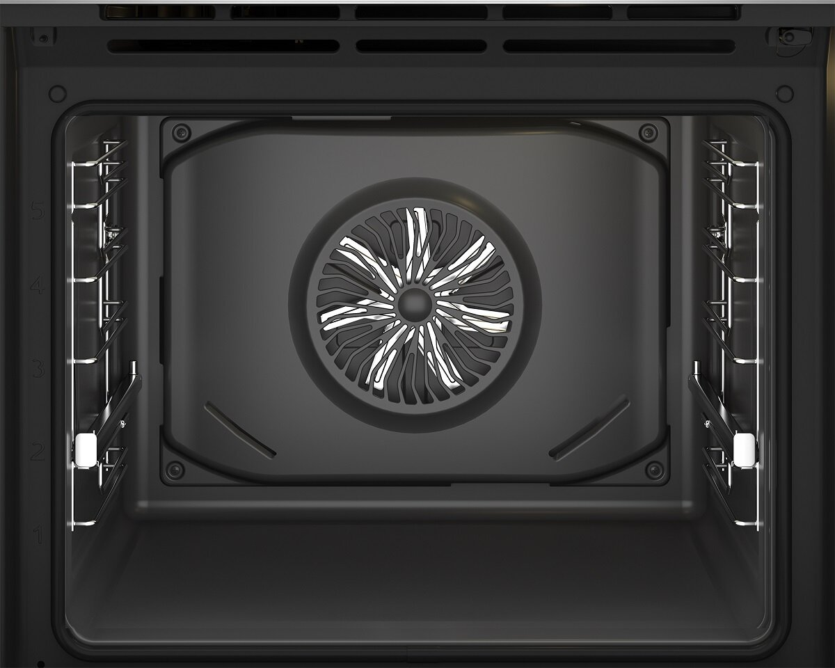 Wnętrze piekarnika z wentylatorem pośrodku i wieloma rusztami po bokach.