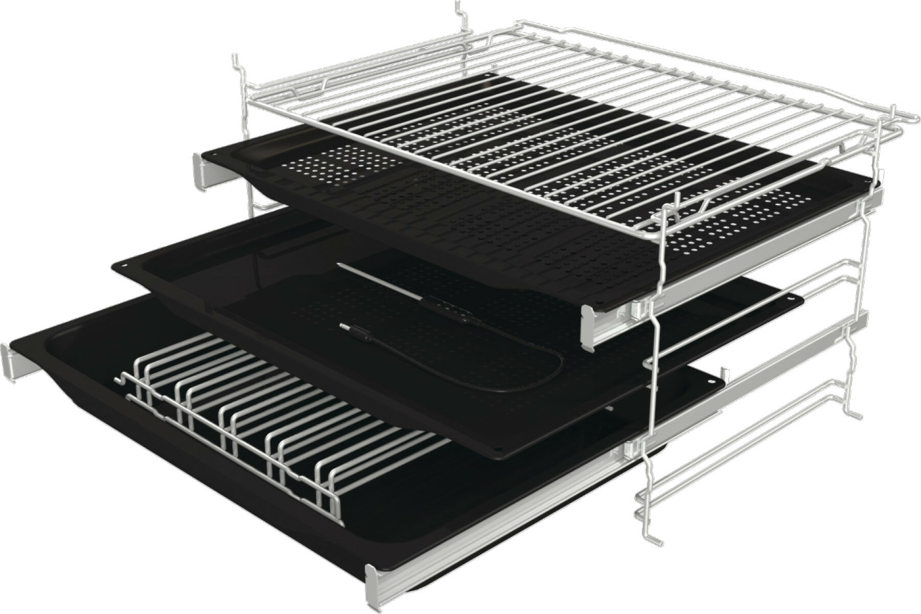Zestaw rusztu piekarnika z trzema czarnymi tacami i dwoma drucianymi rusztami. Termometr jest obecny. Konstrukcja jest biała i metalowa.
