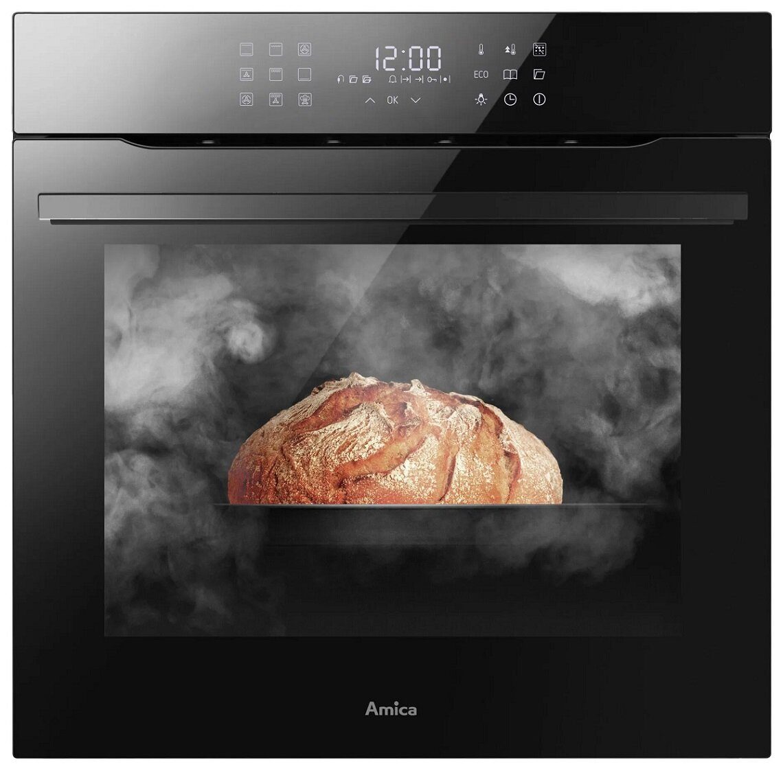 Zamknięty piekarnik z chlebem w środku, otoczony parą. Wyświetlacz pokazuje godzinę 12:00.
