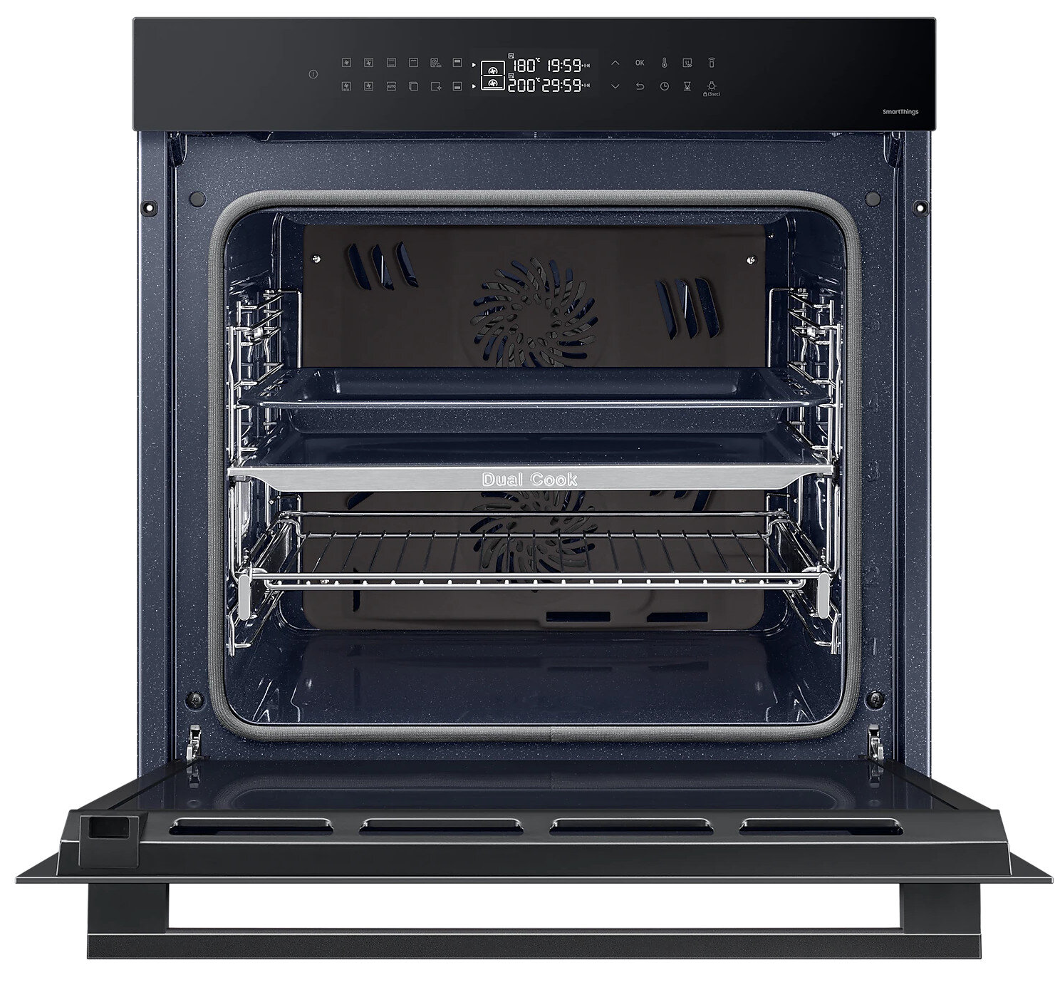 Wnętrze piekarnika z tacami i otwartymi drzwiami, czarny panel.