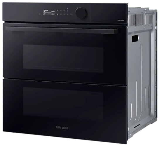 Czarny piekarnik dwukomorowy z panelem sterowania na górze. Widoczne logo Samsung.