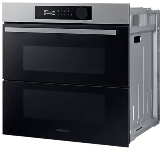 Czarny piekarnik Samsung z dwoma komorami. Na górze wyświetlacz. Tło to bok piekarnika.