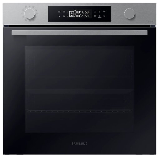 Srebrny i czarny piekarnik Samsung. Wyświetlacz cyfrowy pokazuje ustawienia. Czarne szklane drzwi.
