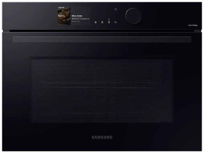 Czarny piekarnik Samsung z wyświetlaczem cyfrowym. Drzwi piekarnika zamknięte.