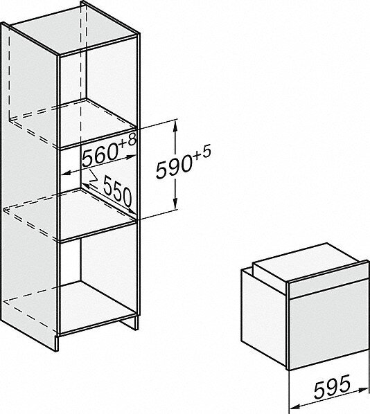 Schemat wymiarów piekarnika. Pokazuje wymiary 560+8, 590+5, 550 i 595 mm.